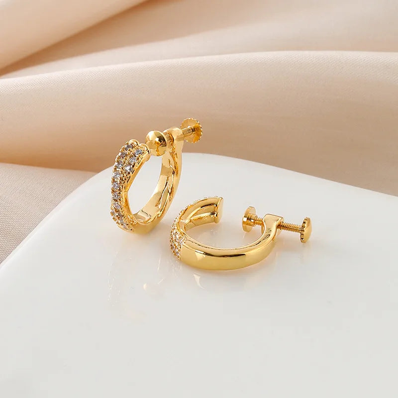 Elegant Gold Alloy Micro Pave Zircon Cross Small Huggie Hoop Stud & Clip On No Piercing Earrings