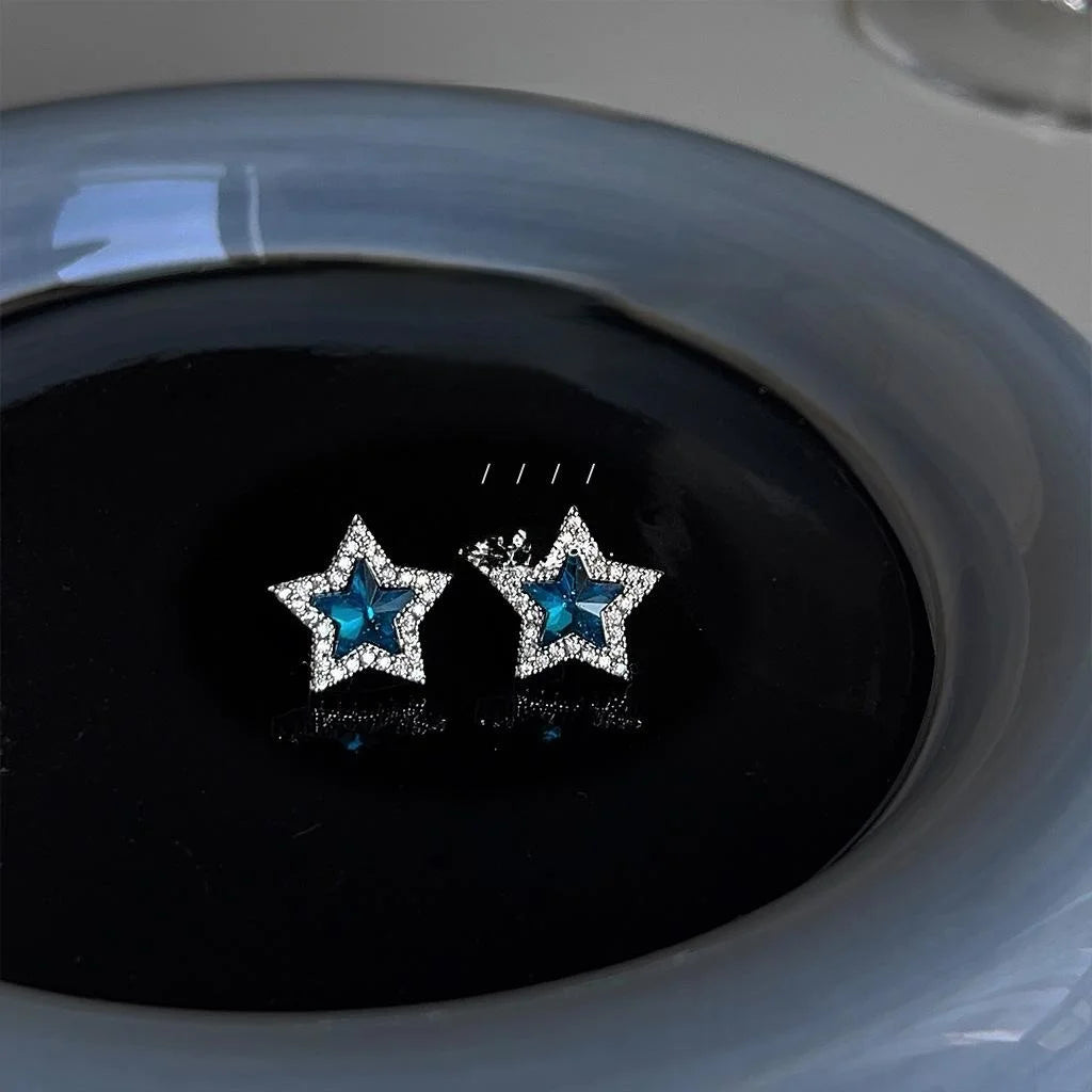 Minimalist Blue Five Point Star Stud Earrings Copper Micro Pave Zircon Glass Crystal Jewelry