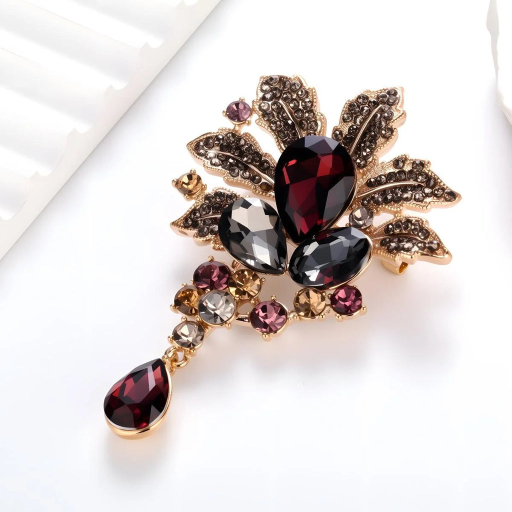 Vintage Crystal Flower Brooch With Teardrop Pendant, Rhinestone Leaf Lapel Pin Luxury Suit Accessory Gift