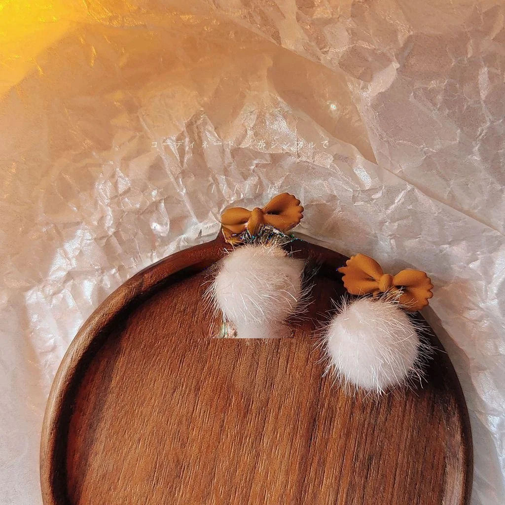 Winter Brown Bow Pom Pom Stud Earrings With Silver Plated Pins Elegant Women's Ear Jewelry