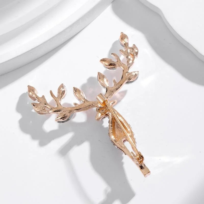 Elegant Rhinestone Elk Antler Brooch, Rose Gold Alloy Deer Lapel Pin Corsage For Suit Accessory Gift