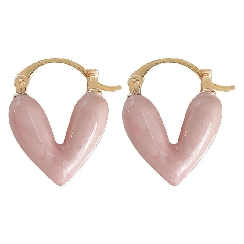 Sweet Pink Enamel Heart Copper Stud Earrings Double Sided Minimalist Fashion Jewelry