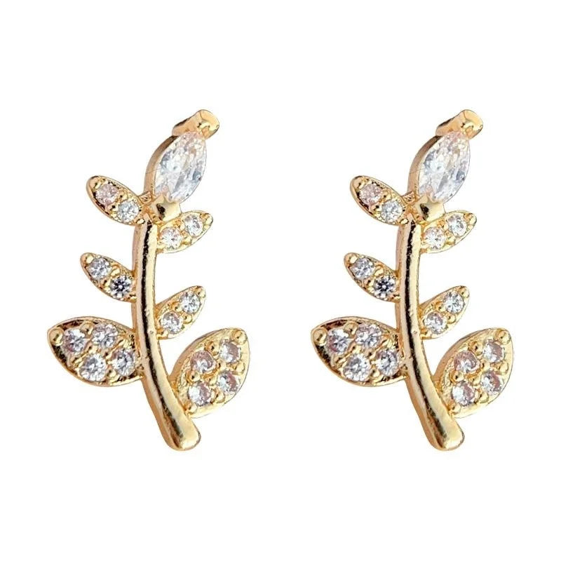Mini 14K Gold Plated Copper Leaf Stud Earrings With Zircon Pave