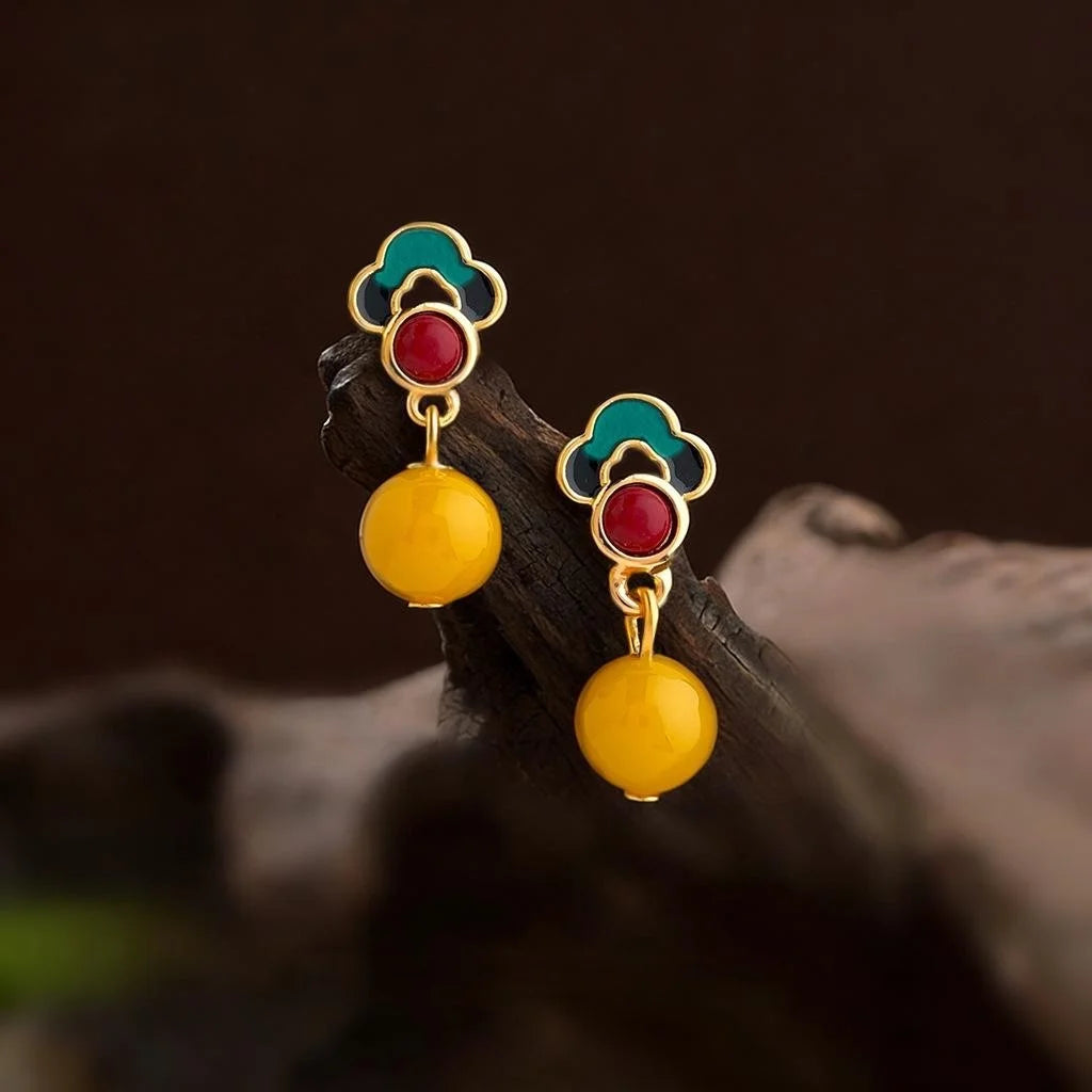 Vintage Palace Style Hand Painted Enamel Synthetic Amber Resin Cloud Drop Earrings