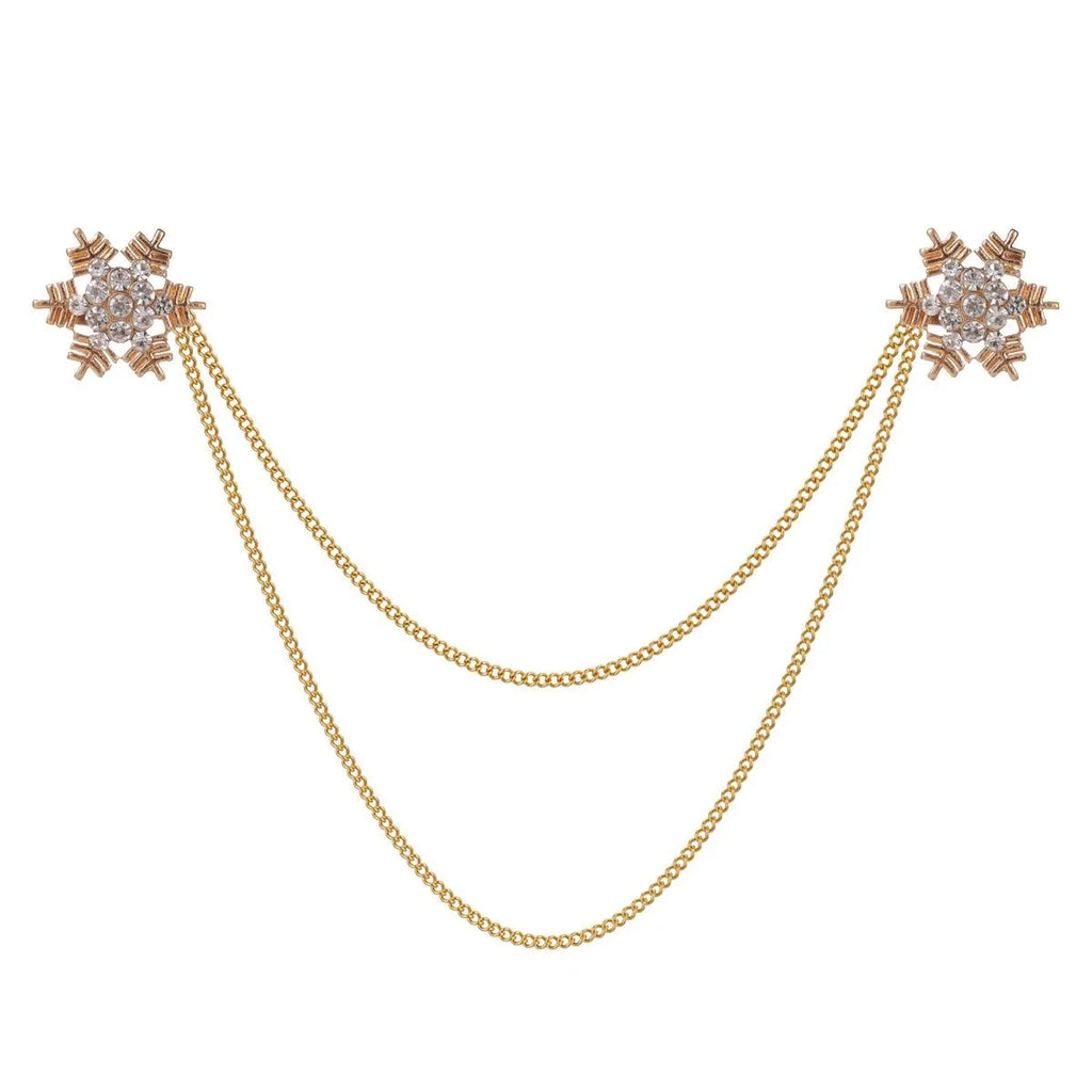Elegant Rhinestone Snowflake Double Chain Collar Brooch Gold Tone Alloy Lapel Pin Suit Accessory Gift