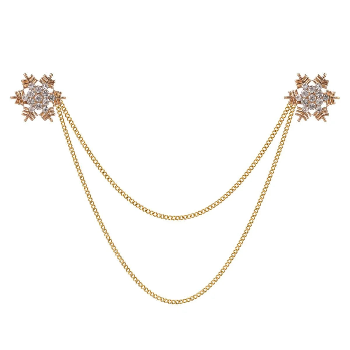 Elegant Rhinestone Snowflake Double Chain Collar Brooch Gold Tone Alloy Lapel Pin Suit Accessory Gift