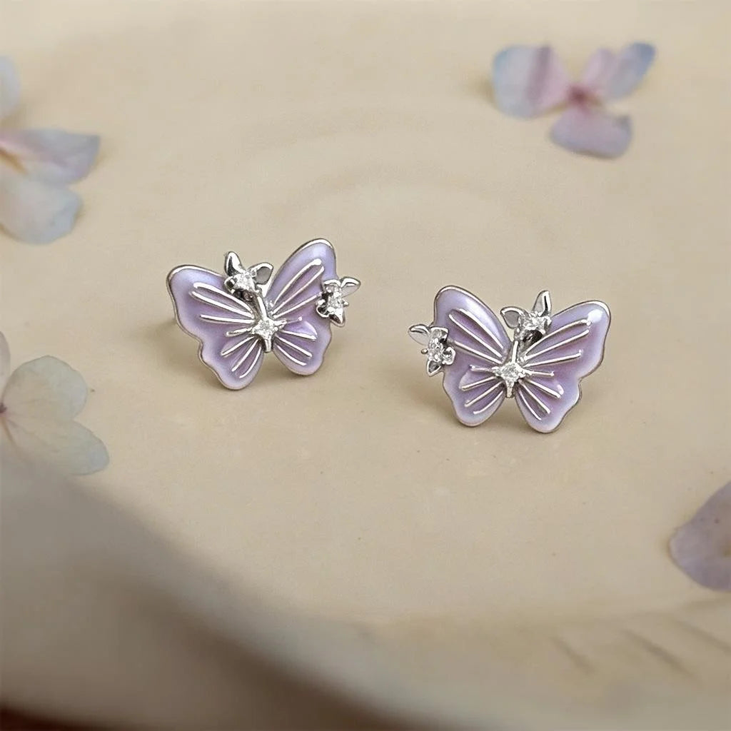 Purple Butterfly Enamel Drip Glaze Copper Zircon Fairy Style Stud Earrings
