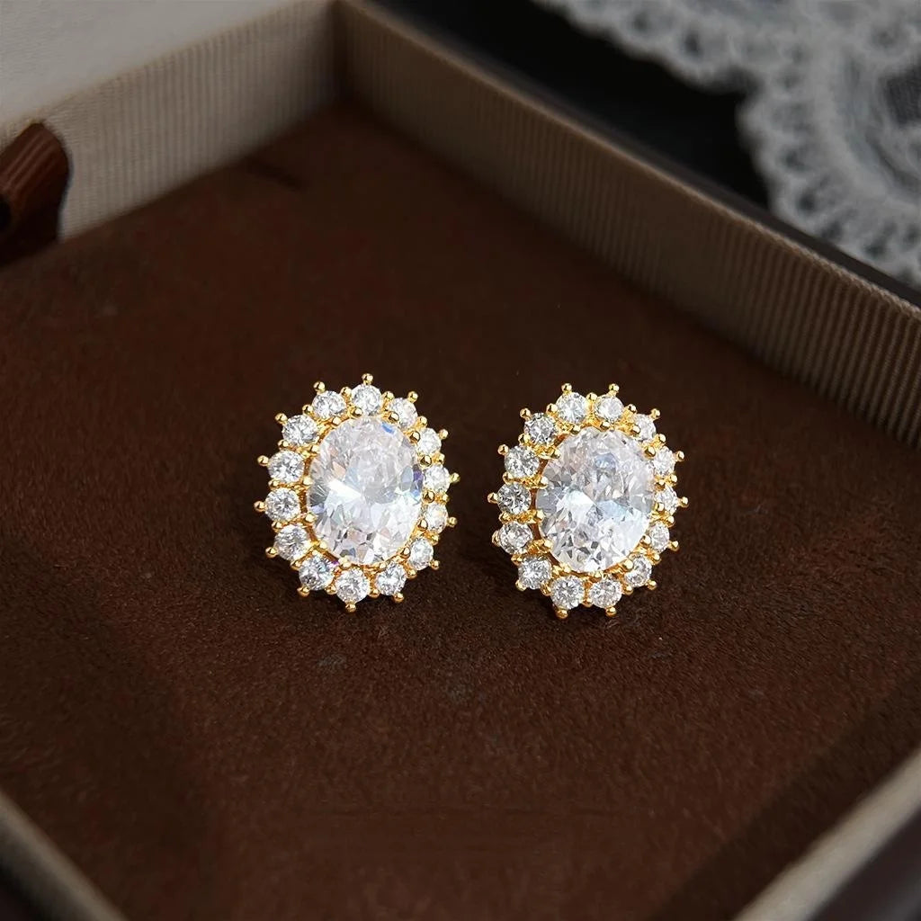 14K Gold Plated Copper Micro Pave Zircon Oval Clip On Drop Earrings For Non Pierced Ears
