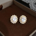 14K Gold Plated Copper Micro Pave Zircon Oval Clip On Drop Earrings For Non Pierced Ears