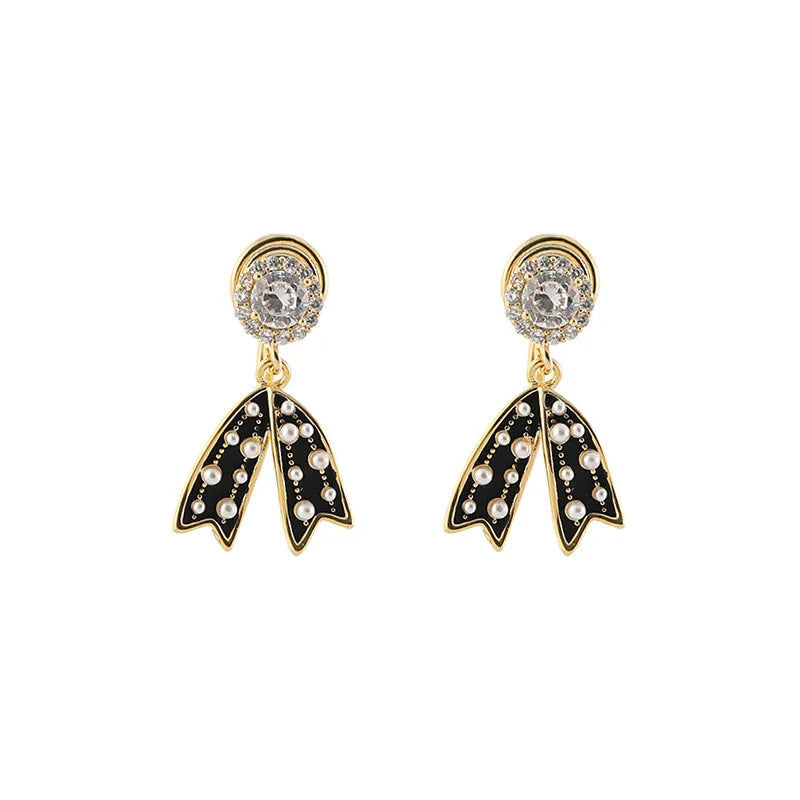 Elegant Luxury Black Bowknot Pearl And Zircon Alloy Dangle Drop Stud & Clip On No Piercing Earrings