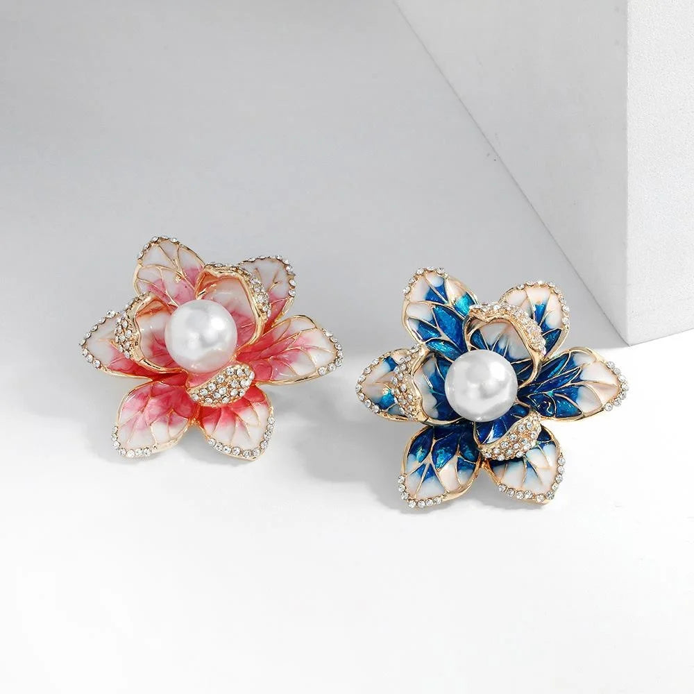 Elegant Pink Enamel Begonia Flower Brooch With Faux Pearl And Rhinestones, Floral Lapel Pin Gift