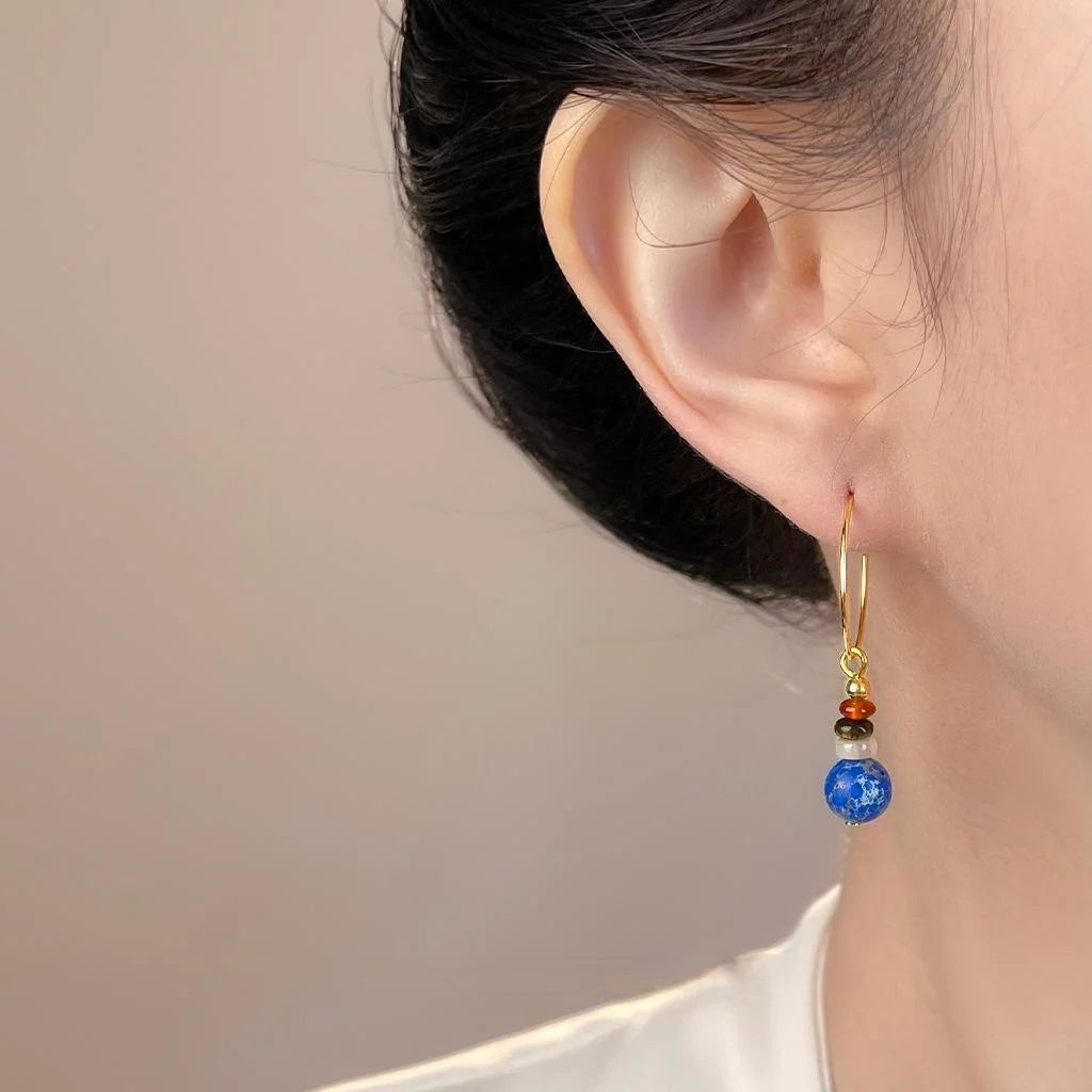 Vintage Ethnic Copper Hoop Earrings With Tiger Eye Agate Imperial Stone Shell Tassel