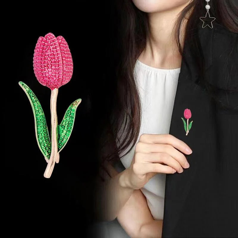 Elegant Pink Tulip Alloy Enamel Rhinestone Brooch, Floral Lapel Pin Corsage For Cardigan Shawl Gift