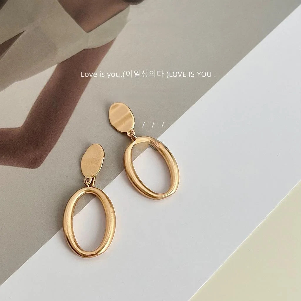 French Elegant Matte Brushed Copper Geometric Hollow Oval Hoop Drop Earrings For Women
