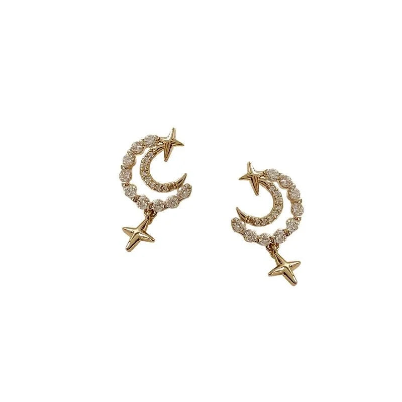 14K Gold Plated Copper Moon Star Zircon Stud Earrings Minimalist Korean Jewelry