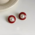 Vintage Hong Kong Style Red Geometric Pearl Resin Stud Earrings, Light Luxury Metal Enamel Jewelry