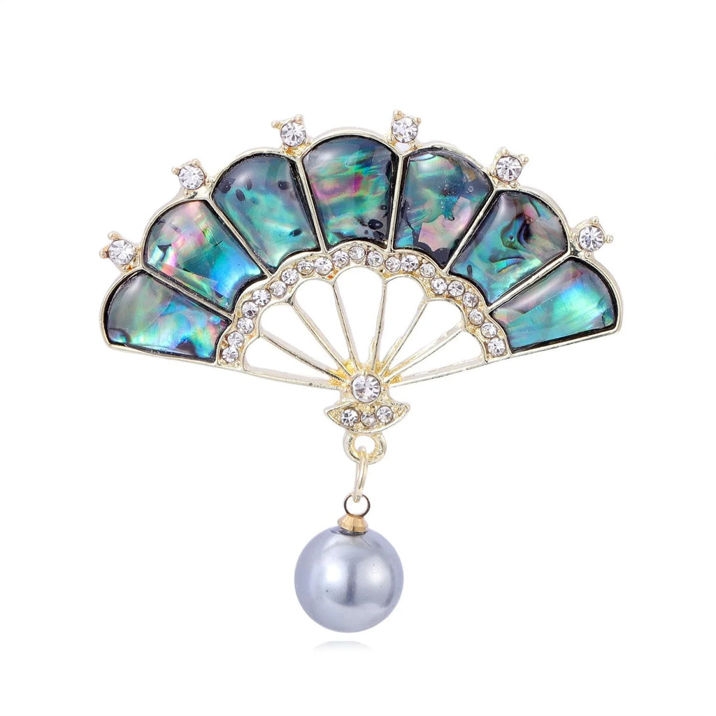 Elegant Fan Brooch With Mother Of Pearl Shell And Rhinestones, Pearl Drop Lapel Pin Corsage Gift