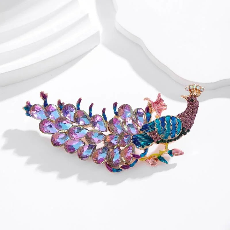 Luxury Full Rhinestone Peacock Feather Brooch With Enamel Detail, Elegant Animal Lapel Pin Gift