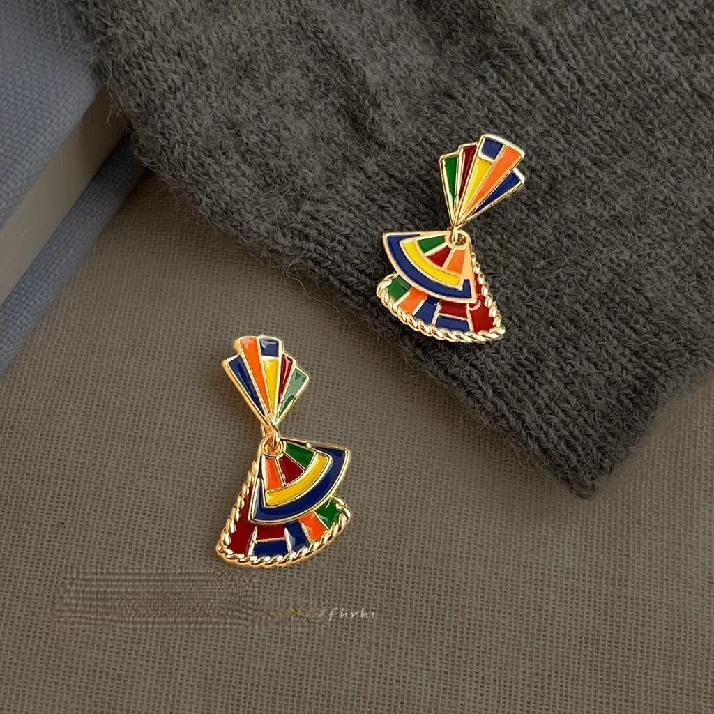 Original Painted Ethnic Fan Shaped Eco Friendly Copper Drop Earrings With Silver Plated Pins