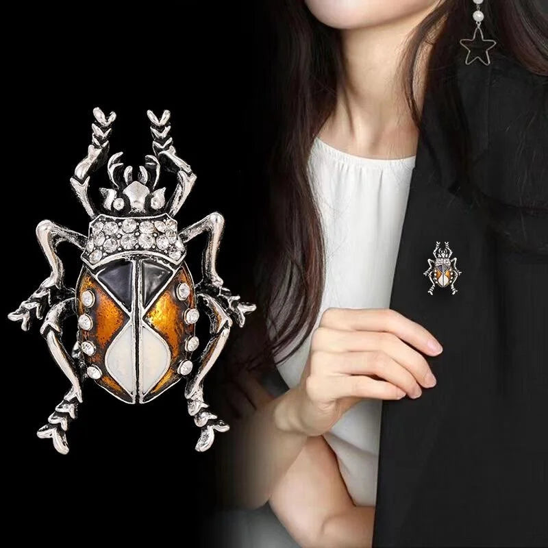 Luxury Enamel Beetle Brooch With Rhinestone Alloy Insect Lapel Pin For Women Suit Accessory Gift