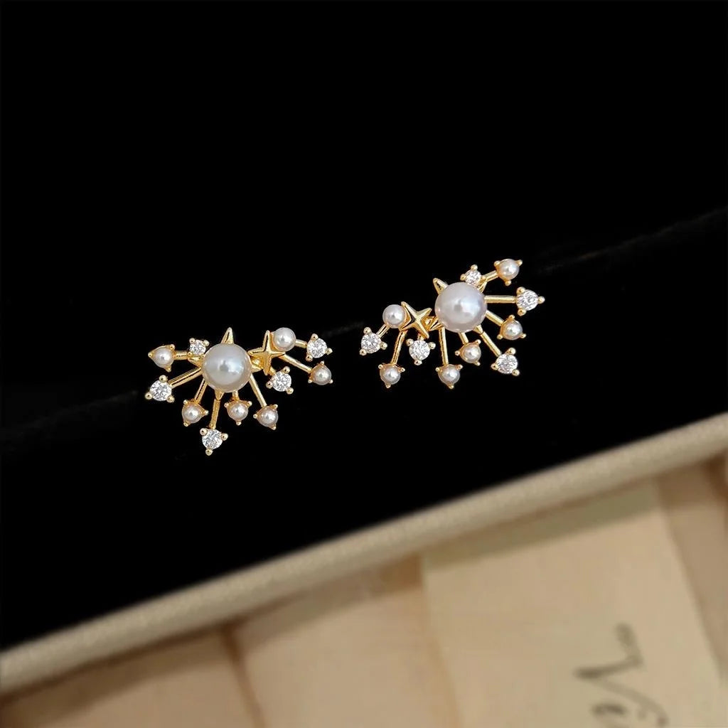 Luxury Silver Plated Copper Zircon Pearl Starburst Stud Earrings For Women