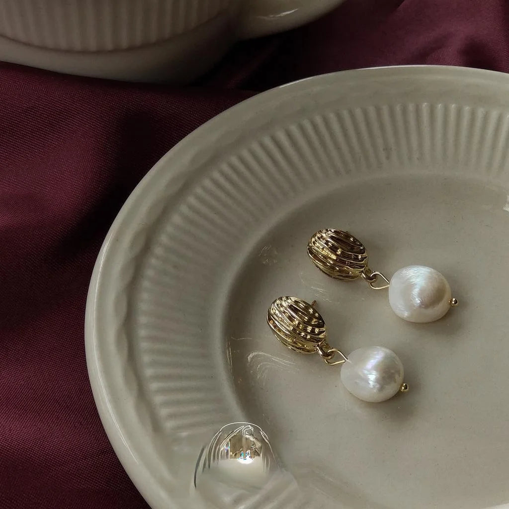 Vintage Baroque Freshwater Pearl Stud Earrings 14K Gold Plated Handmade Geometric Jewelry
