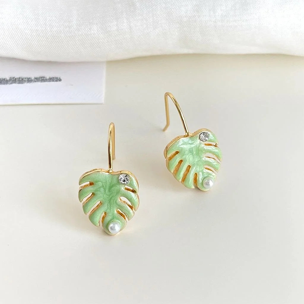 Green Enamel Monstera Leaf Copper Drop Earrings, Vintage Pastoral Fresh Artistic Jewelry