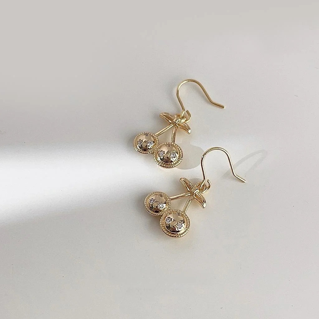18K Gold Plated Copper Micro Pave Zircon Cherry Drop Earrings Cute Mini Fruit Jewelry