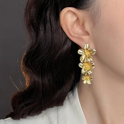 Vintage Style Copper Flower Petal Long Drop Earrings Statement Fashion Jewelry