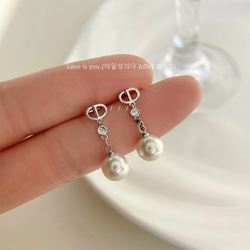 Light Luxury Copper Glass Pearl Micro Pave Zircon Geometric Chain Drop Earrings