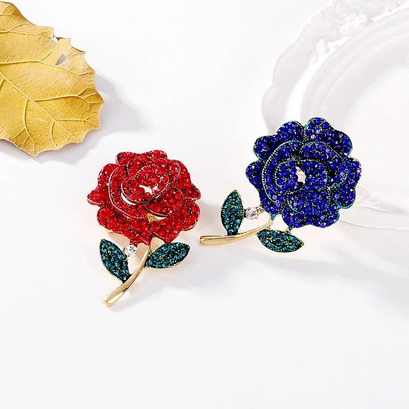 Elegant Red Rose Flower Rhinestone Enamel Brooch, Gold Tone Alloy Lapel Pin Corsage Gift For Women