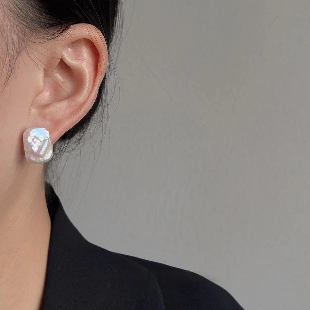 Baroque Irregular Freshwater Pearl Stud Earrings Silver Plated Pin Geometric Rectangle Jewelry