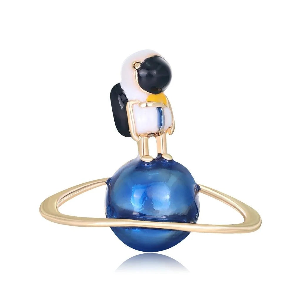 Luxury Blue Enamel Planet Astronaut Globe Alloy Brooch, Korean Style Lapel Pin Corsage Suit Accessory Gift
