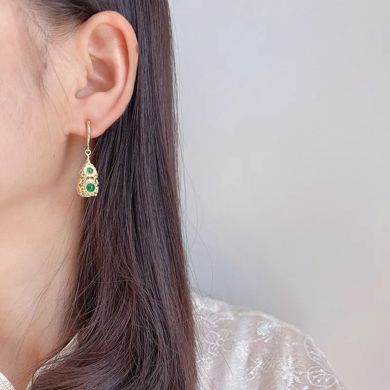 Vintage Luxury Hollow Gourd Filigree Green Crystal Alloy Drop Stud & Clip On No Piercing Earrings