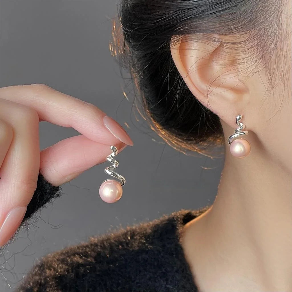Niche Pink Pearl Copper Drop Earrings Minimalist Wave Geometric Designer Style For Women