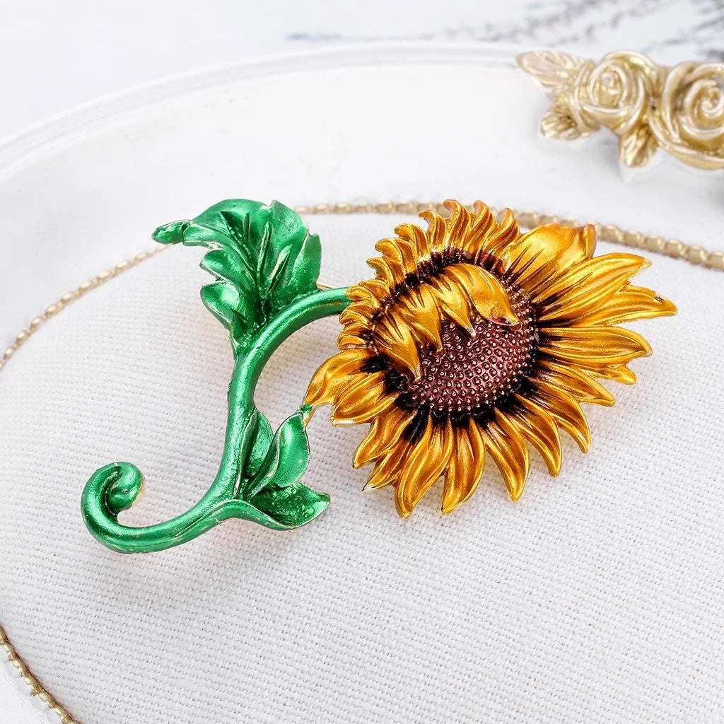 Elegant Enamel Alloy Sunflower Flower Brooch With Green Stem, Floral Lapel Pin Corsage Gift