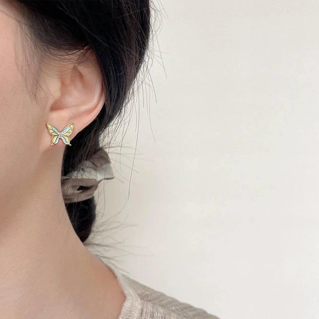 14K Gold Plated Copper Enamel Butterfly Stud Earrings Sweet Forest Style Jewelry For Women