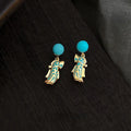Vintage Palace Style Synthetic Turquoise Round Drop Earrings With Antique Bronze Design