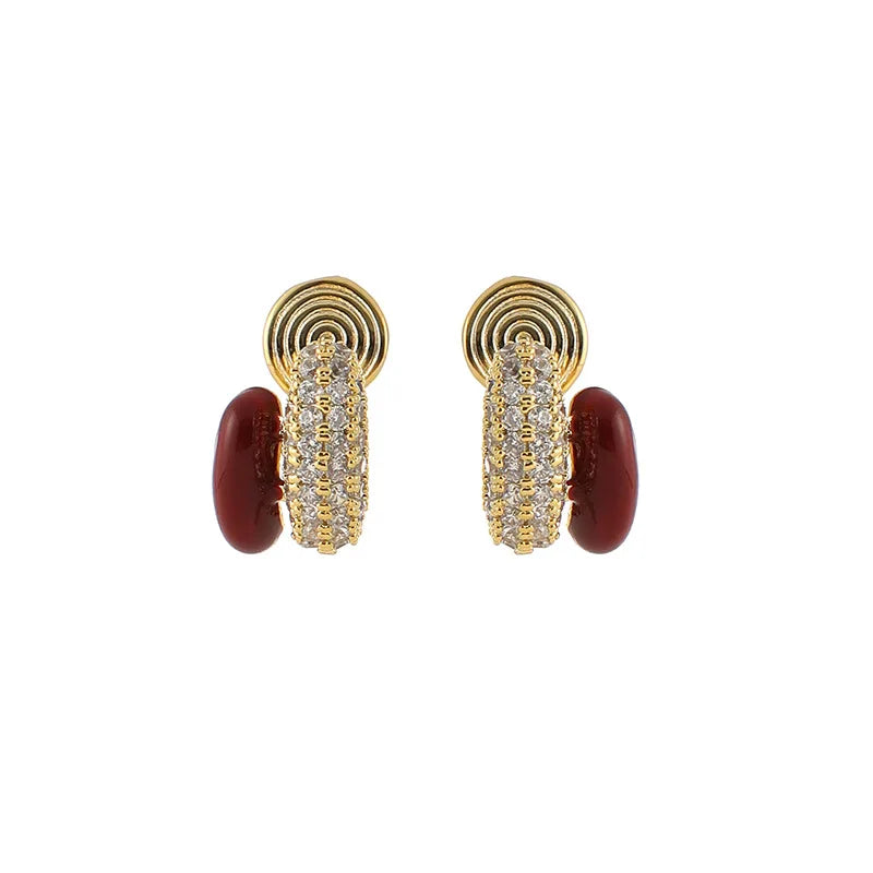 Elegant Red Enamel Bean Hoop Zircon Stud & Clip On No Piercing Luxury Alloy Half Circle Earrings