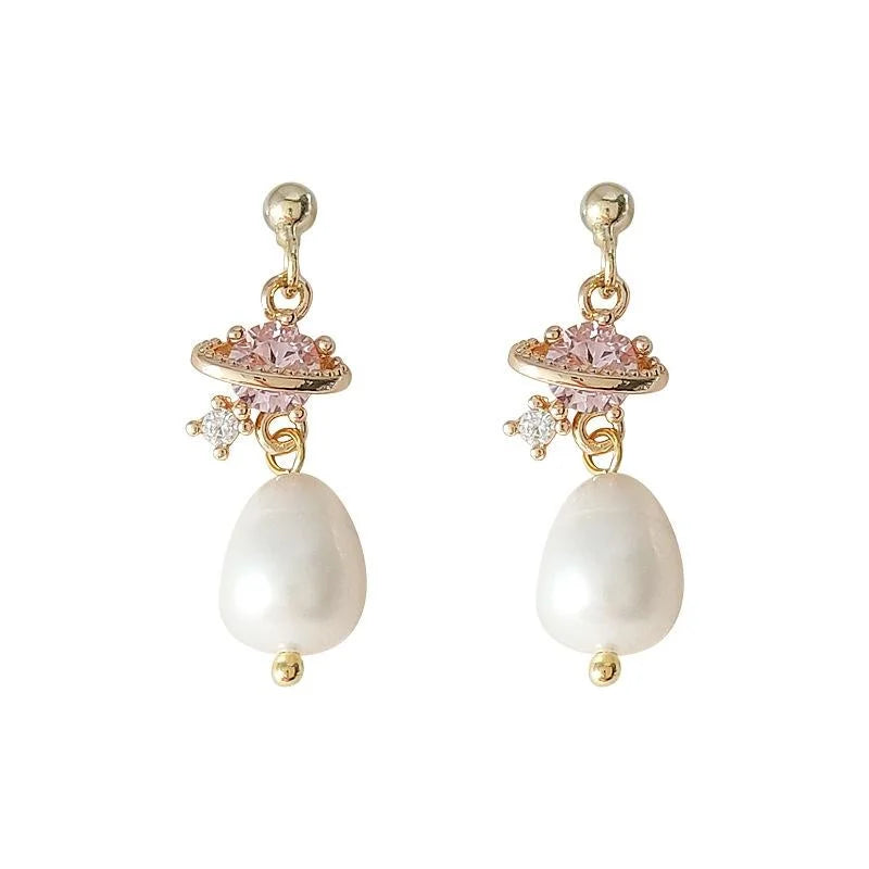Light Luxury 14K Gold Plated Copper Freshwater Pearl Micro Pave Zircon Geometric Stud Earrings