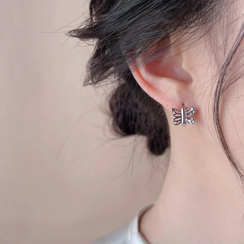 Silver Tone Copper Hollow Butterfly Stud Earrings Minimalist Cool Style Everyday Jewelry