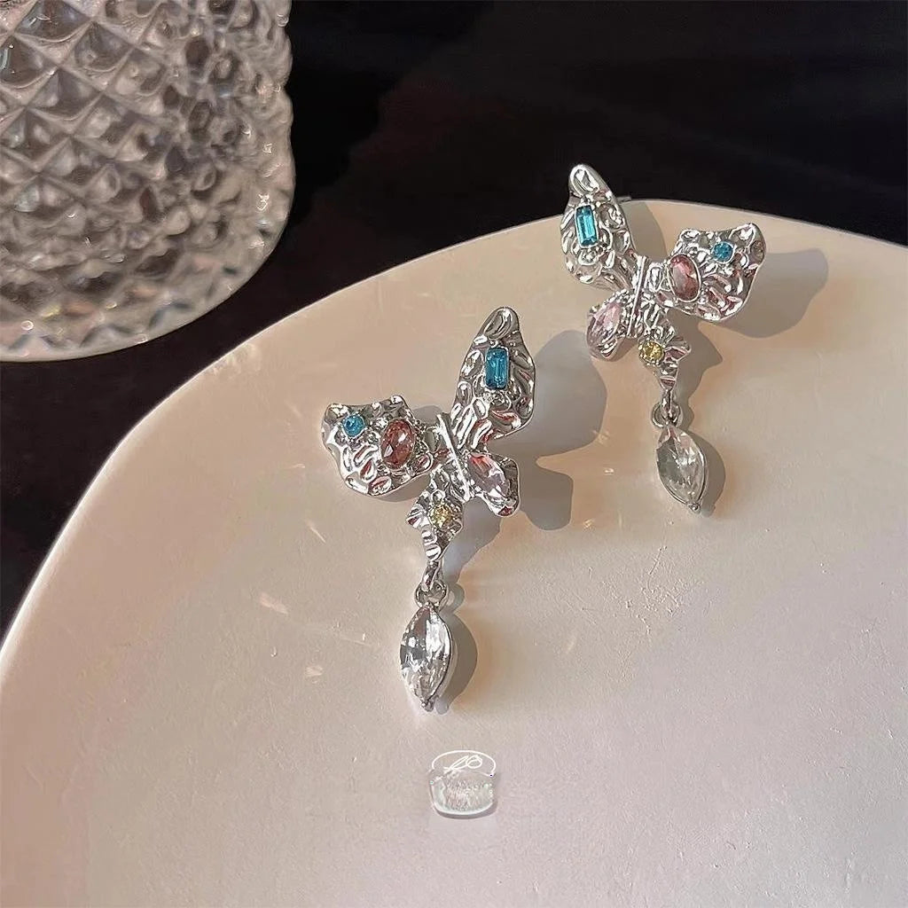 Sweet Cool Glass Crystal Rhinestone Butterfly Drop Earrings With Silver Plated Pins