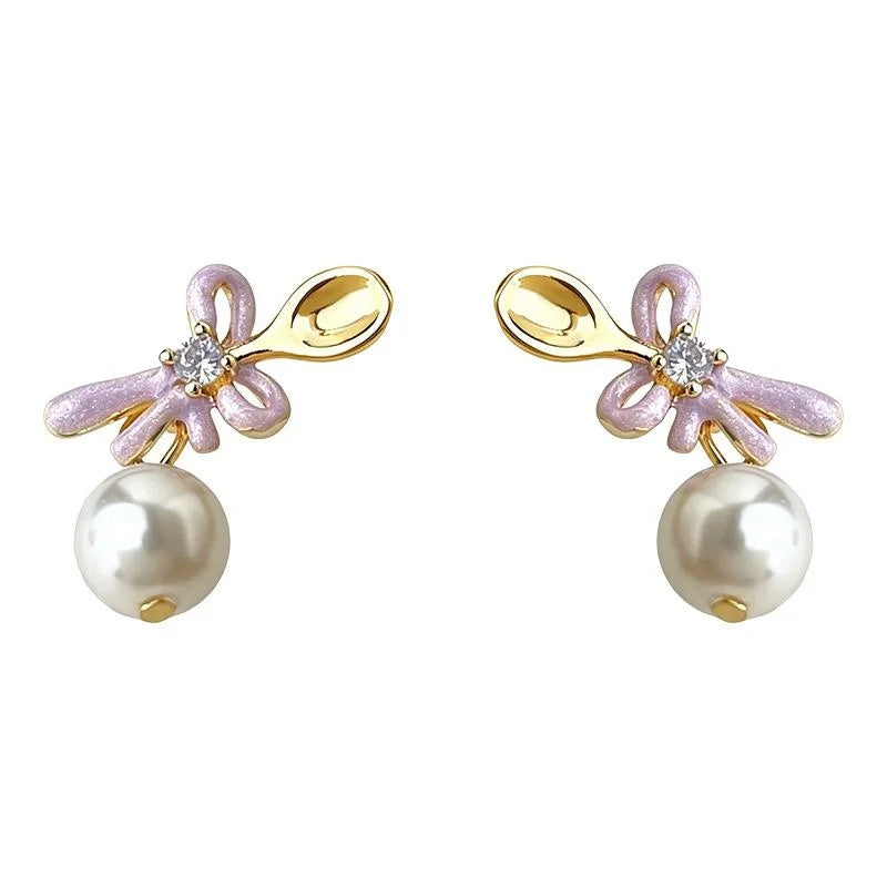 Sweet Bow Pearl Stud Earrings Eco-Friendly Copper Enamel Glaze Spoon Design Women's Jewelry