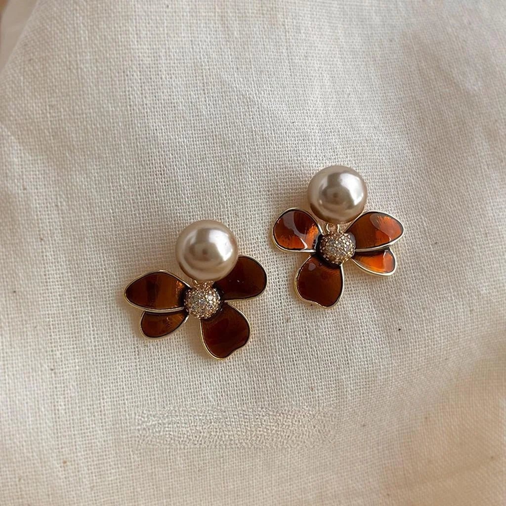 Vintage Maillard Copper Enamel Flower Drop Earrings with Pearl Zircon