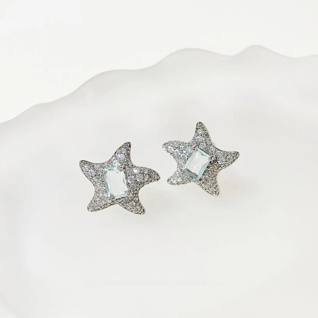 14K Gold Plated Copper Zircon Starfish Stud Earrings, Light Luxury Geometric Jewelry