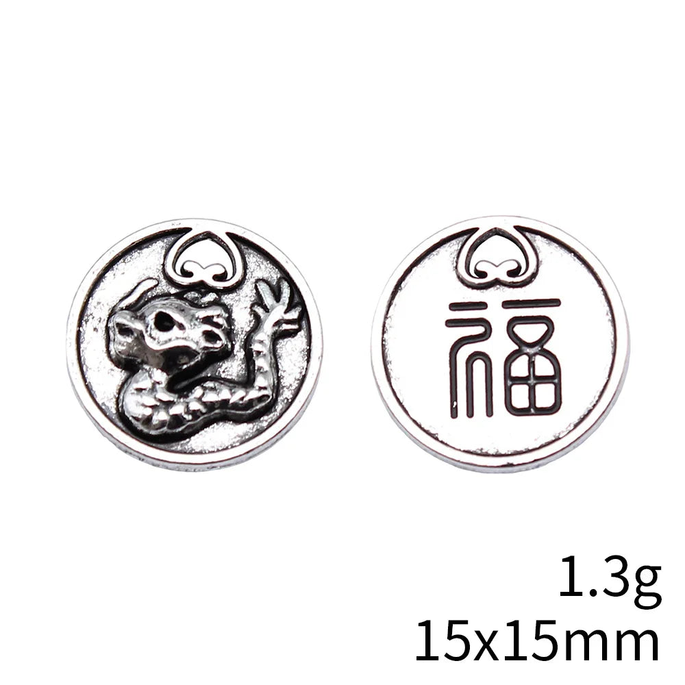 15x15mm 1.3g Antique Silver Zinc Alloy Dragon Fu Charm Pendant for DIY Chinese Style Jewelry Making