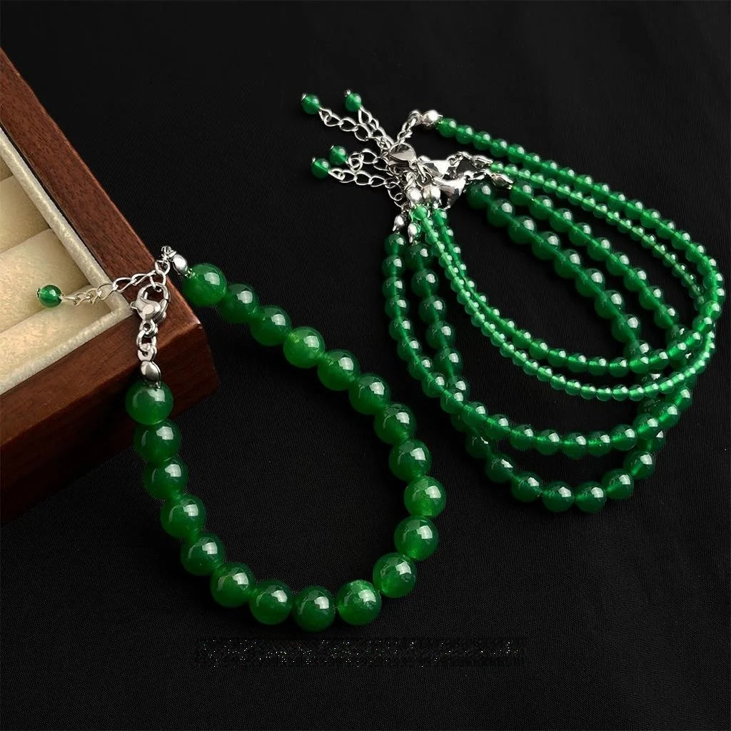 Natural Green Chalcedony Beaded Bracelet New Chinese Geometric Round Vintage Jewelry