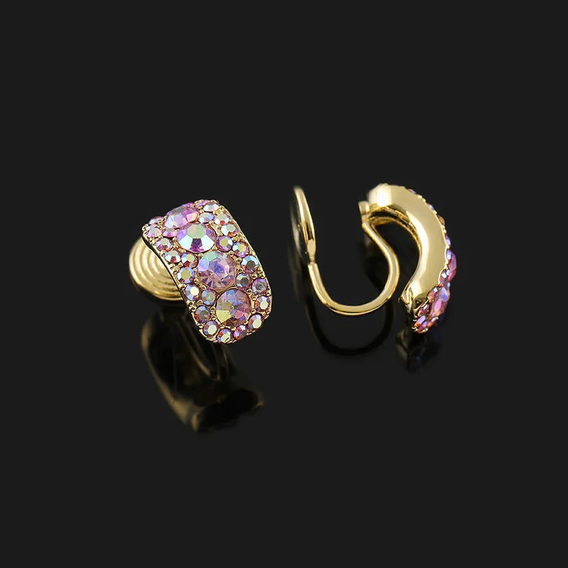 Luxury Iridescent Rhinestone Rectangular Hoop Stud & Clip On No Piercing Spiral Alloy Earrings