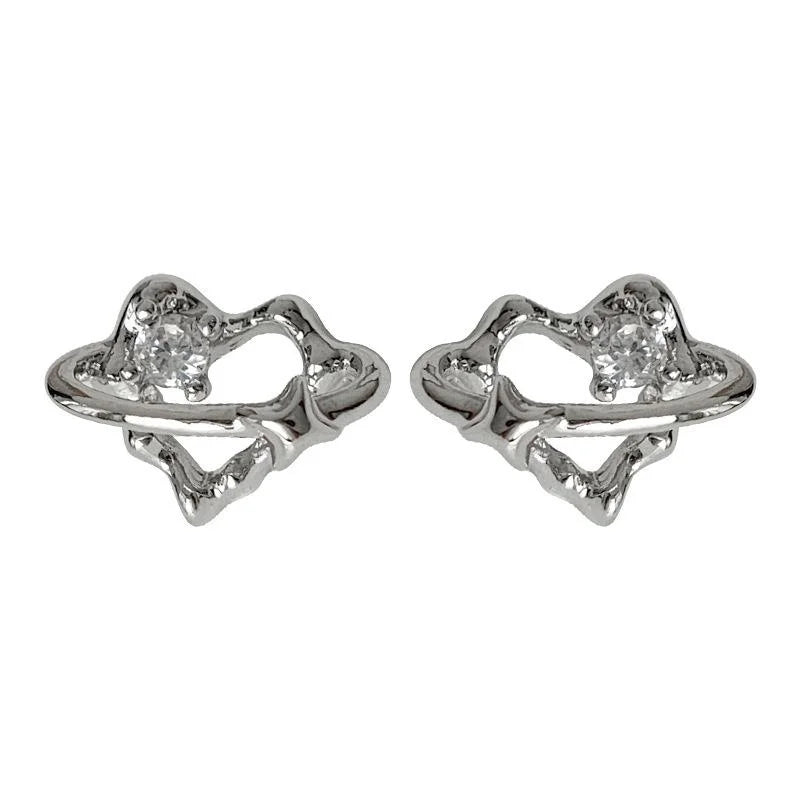 Mini Micro Pave Zircon Silver Plated Copper Hollow Heart Stud Earrings For Women