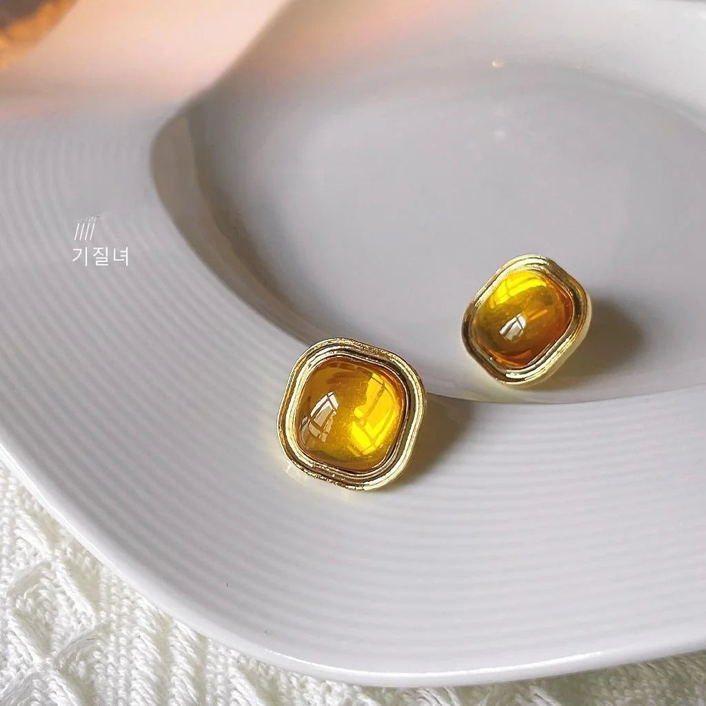 14K Gold Plated Square Geometric Stud Earrings French Vintage Metal Jewelry